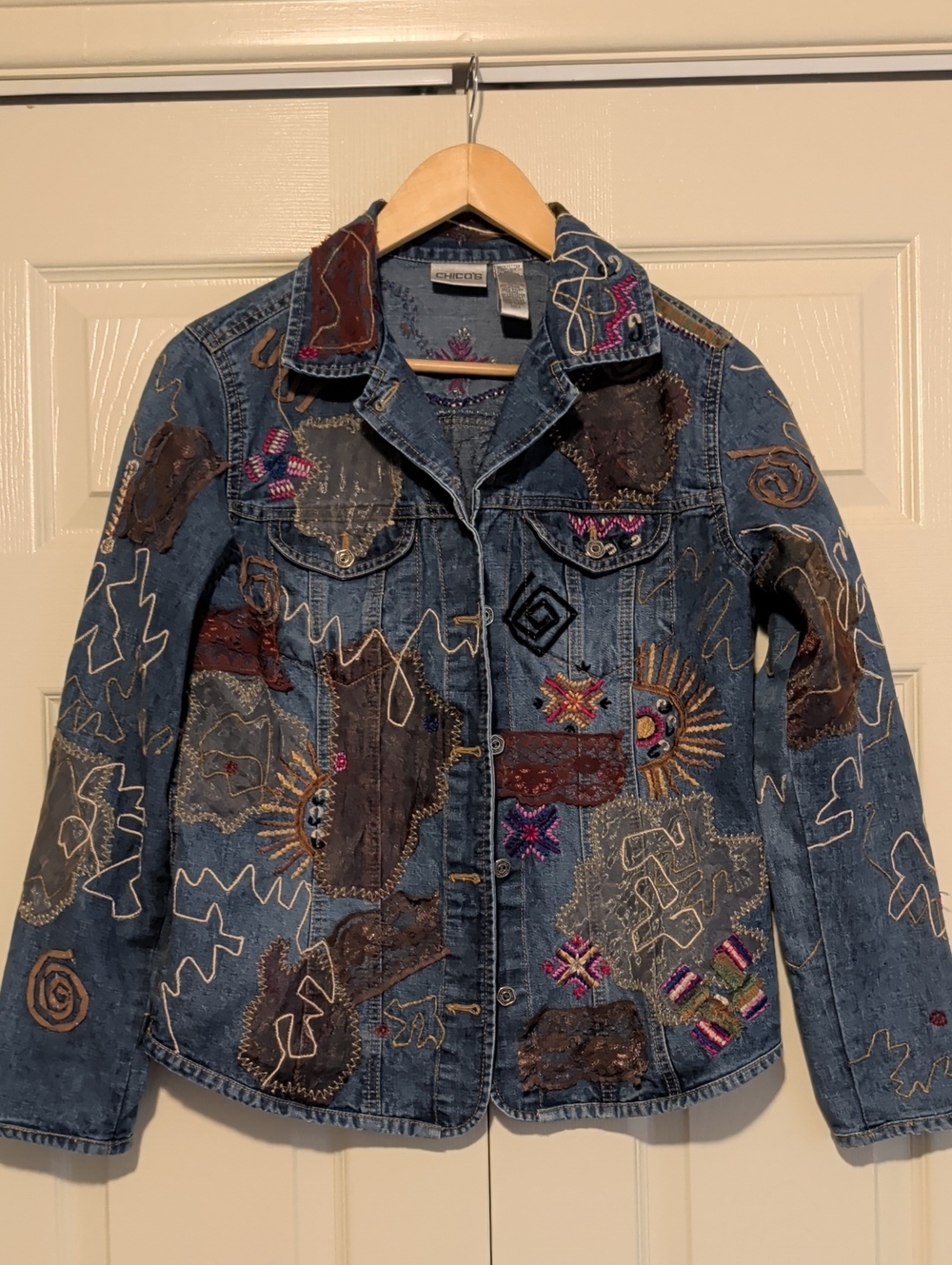 Vintage Chico's Embroidered Patchwork Denim Jacket